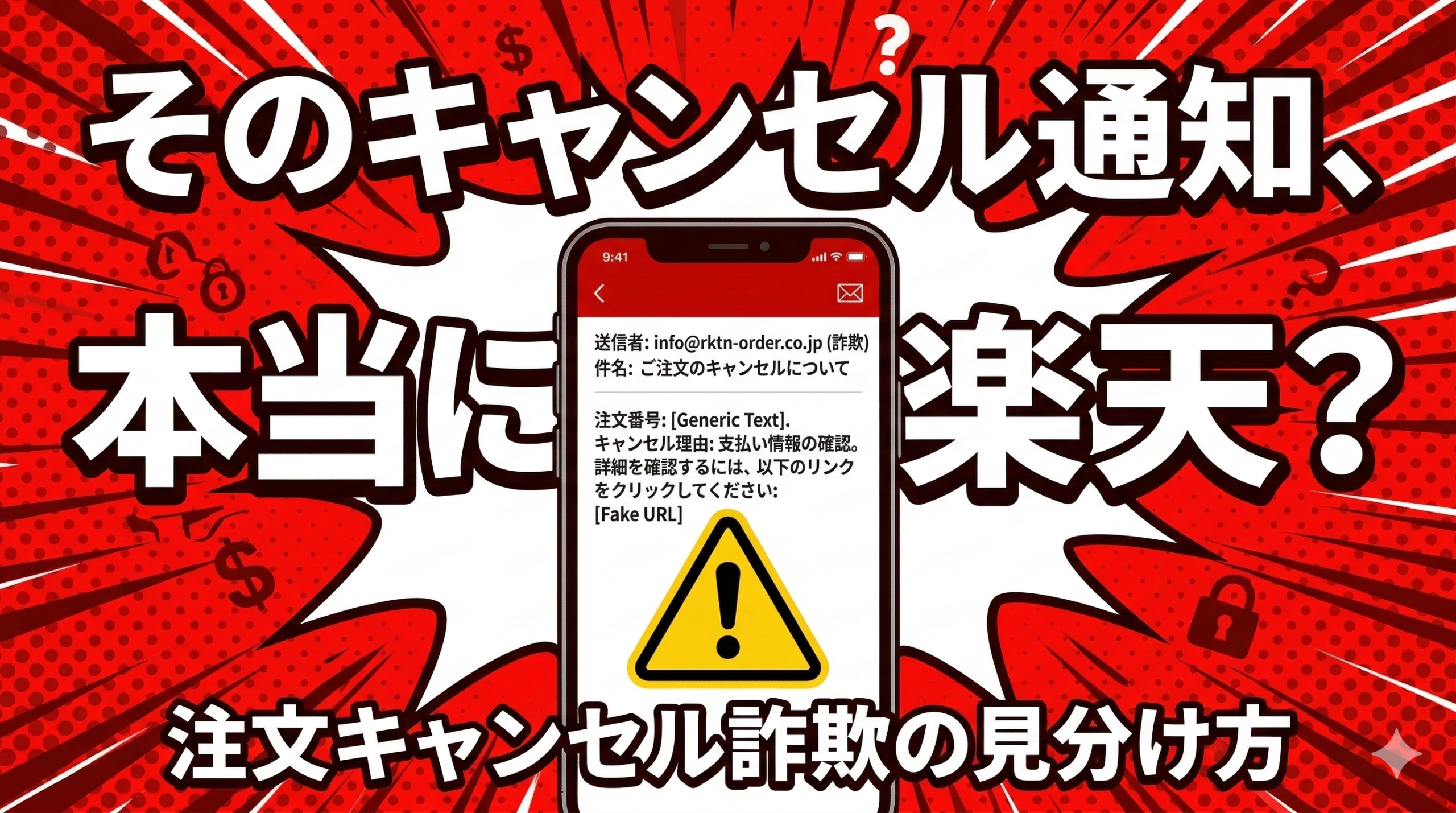 楽天市場注文キャンセル詐欺メールの注意喚起イメージ画像