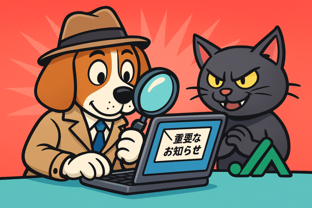 虫眼鏡でJAバンクの偽メールを調査する探偵姿のビーグル犬と、その後ろでニヤリと笑う詐欺師役の悪猫のコミカルなイラスト。