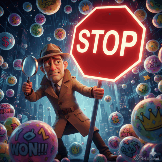 疲れた表情ながらも決意に満ちたデジタル・ホームズ（探偵姿のメールボックス）が、巨大な「STOP」サインを掲げ、押し寄せる大量の迷惑メールを物理的に拒否している、ユーモラスなイラスト。