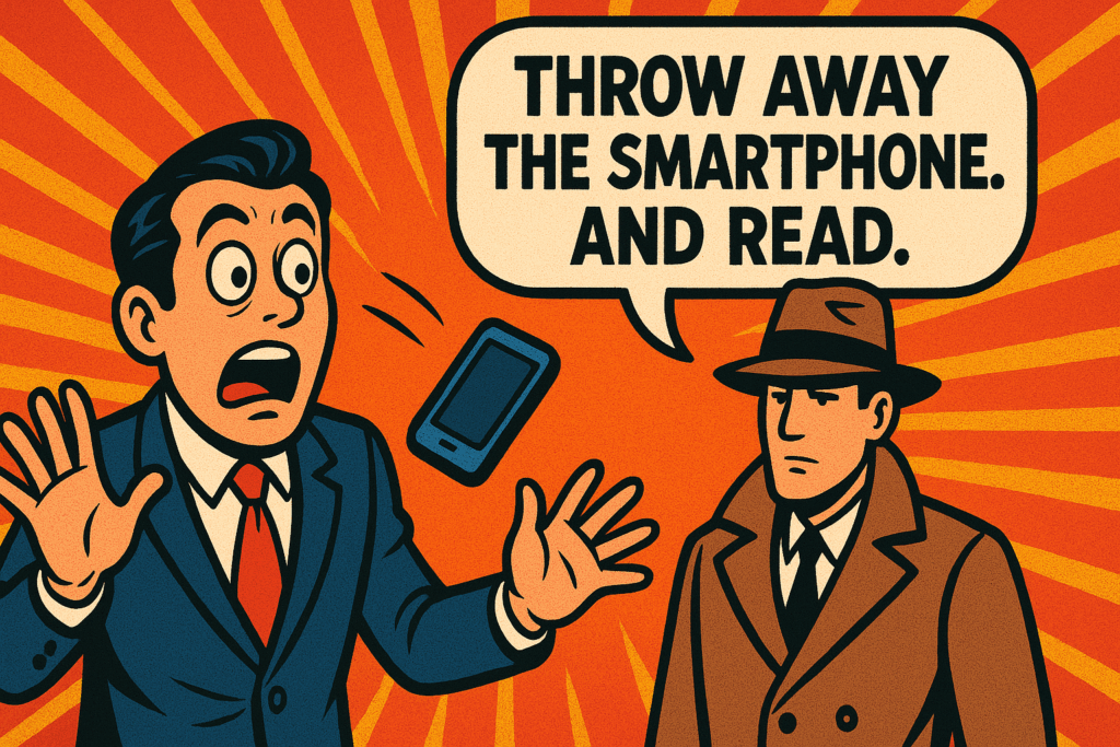 パニックに陥りスマホを投げ捨てようとする男性に、探偵風の人物が「スマホを捨てろ。そして読め。」と冷静に指示しているコミカルなポップアート。フィッシング詐欺の緊急対処を促すアイキャッチ画像。