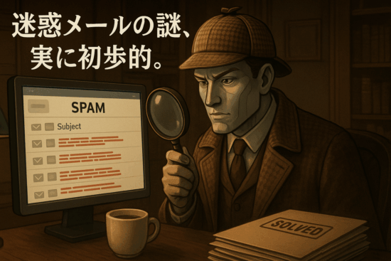 虫眼鏡を片手に迷惑メールの謎を解き明かす名探偵のイラスト