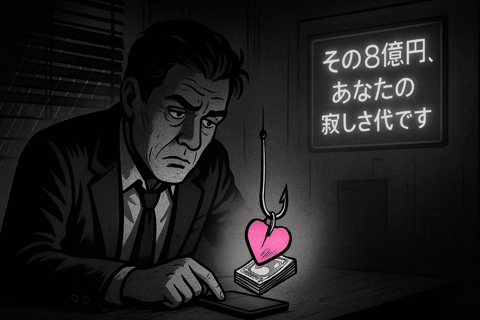 暗い部屋でスマホを見つめるスーツ姿の男性のイラスト。画面からハート型の札束がついた釣り針が出ており、「その8億円、あなたの寂しさ代です」というメッセージが添えられている。フィッシング詐欺が承認欲求を狙う心理的罠を表現した風刺画。