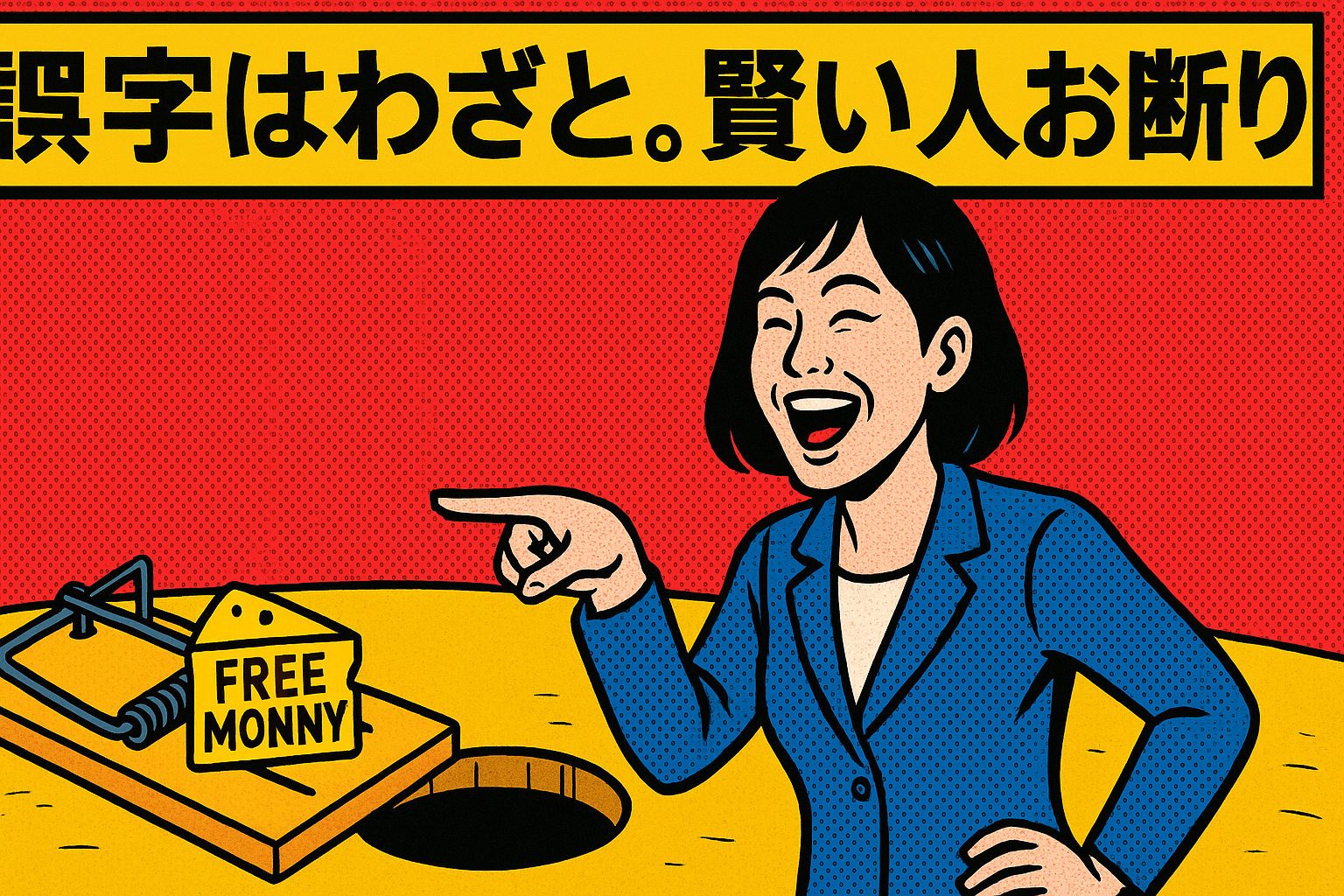 ポップアート風のイラスト。「FREE MONNY」というスペルミスのある看板を笑うビジネスマンが、落とし穴に落ちそうになっている様子。「誤字はわざと。賢い人お断り」というテーマを表現